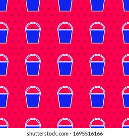 Blue Fire bucket icon isolated seamless pattern on red background. Metal bucket empty or with water for fire fighting.  Vector Illustration