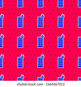 Blue Fire in burning building on city street icon isolated seamless pattern on red background.  Vector Illustration
