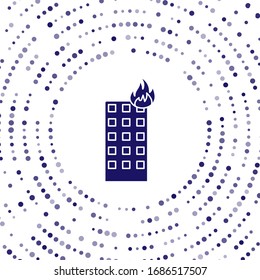 Blue Fire in burning building on city street icon isolated on white background. Abstract circle random dots. Vector Illustration