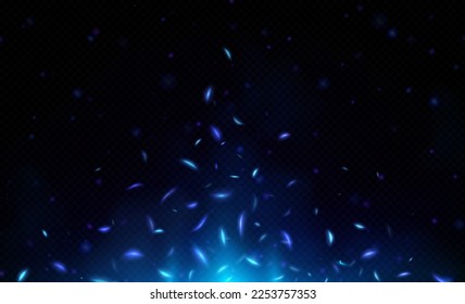 Blue fire effect with flying light sparks. Abstract overlay background with shiny dust, glitter, blue flare with sparkles and glowing particles, vector realistic illustration svg