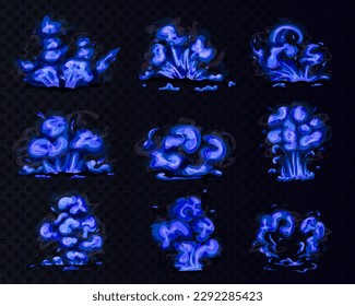 Explosión de fuego azul ui conjunto de vector de animación. Kit animado con efecto mágico de dibujos animados. Nubes de boom y elementos de humo para el juego ui. Detonadores de historietas atómicas para la animación móvil