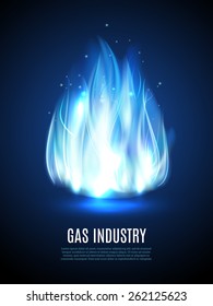 Blue fire flame on dark background with gas industry text vector illustration