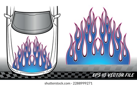 Blue fire flames electric racing car decal vector art graphic. Tribal flame electric sports car bonnet vinyl decal. Hood decoration for cars, auto, truck, boat, suv and motorcycle tank.