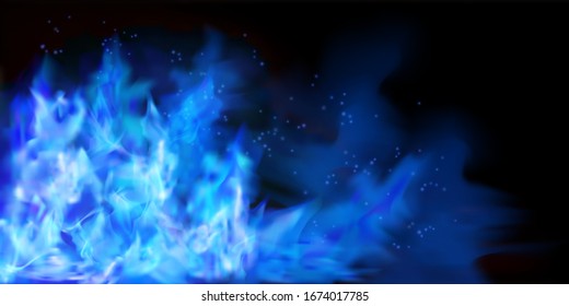 Blue fire flames on black background. Graphic elements for the design. Vector illustration.