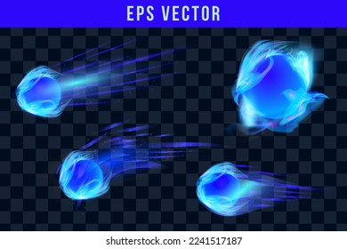 Llamas de fuego azules sobre objetos con transparencia aislada en el fondo vectorial a cuadros. Efectos de luz especiales para el diseño y la decoración. Balón de fuego fácil de usar.