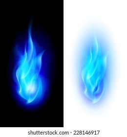 Blue fire flames over contrast black and white backgrounds