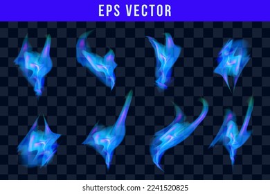 Blue fire flames realistic set of different forms and sizes on black background isolated vector illustration