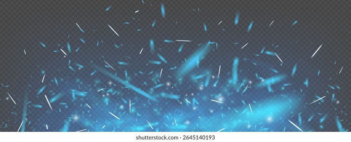 Blue fire and flying sparks on dark smoky background. Neon glow, icy embers, and cold fog create magical atmosphere. Vector illustration with heat, dust, and metallic texture. Abstract energy effect.
