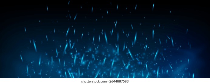 Blue fire and glowing smoke with ember sparks and cold neon glow. Dark abstract background with fog, vapor and haze. Fantasy game, magic element or spooky 3D vector wallpaper.
