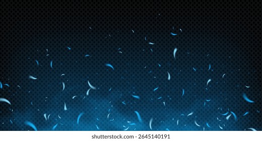 Blue fire with glowing sparks and flying particles on dark smoky background. Neon glow, icy embers, and heat effects create a magical abstract scene. Vector texture with flare, dust, and metal shine.