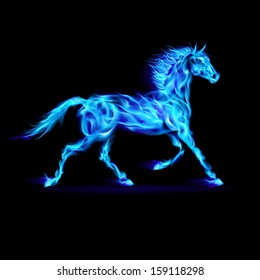 Blue fire horse in motion on black background.