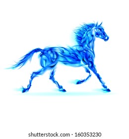 Blue fire horse in motion on white background.