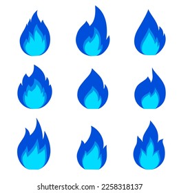 Blue fire icons collection. Symbols  of burning natural gas. Vector illustration isolated on a white background