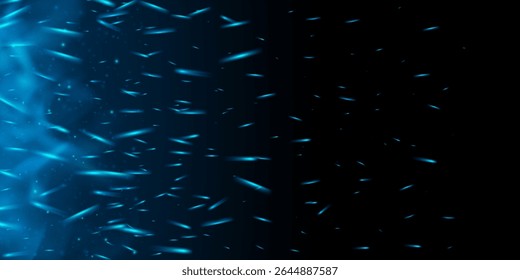 Blue fire and icy smoke with neon sparks and glowing particles. Dark abstract vector background with fog, heat and magic flare. Fantasy game, hot energy or witchcraft effect wallpaper.
