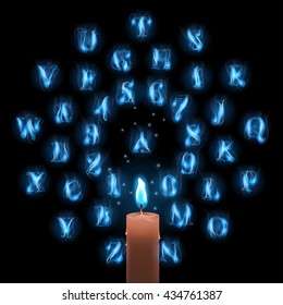 blue fire latin alphabet letters and burning wax candle
