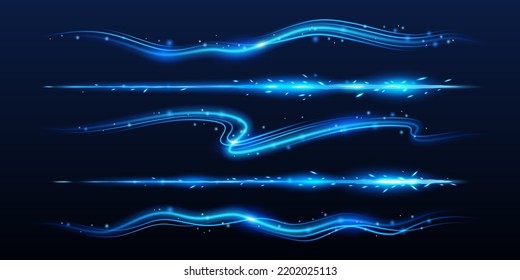 Blue Fire Lines With Light Sparks, Cracker Trail Effect. Isolated Petard Sparkles, Magic Spell, Weapon Or Wand Trace. Bright Glowing Comet, Flying Asteroid, Neon Stripes, Realistic 3d Vector Set