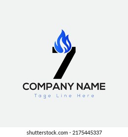 Blue Fire Logo On Letter 7 Template. Blue Fire On 7 Letter, Initial Fire Sign Concept