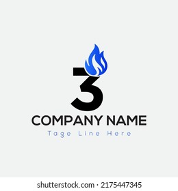 Logo De Blue Fire En La Plantilla De La Letra 3. Incendio azul en 3 letras, concepto inicial de signo de fuego