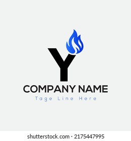 Blue Fire Logo On Letter Y Template. Blue Fire On Y Letter, Initial Fire Sign Concept