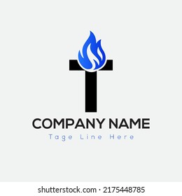 Blue Fire Logo On Letter T Template. Blue Fire On T Letter, Initial Fire Sign Concept