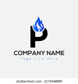 Blue Fire Logo On Letter P Template. Blue Fire On P Letter, Initial Fire Sign Concept