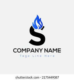 Blue Fire Logo On Letter S Template. Blue Fire On S Letter, Initial Fire Sign Concept
