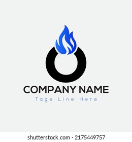 Blue Fire Logo On Letter O Template. Blue Fire On O Letter, Initial Fire Sign Concept