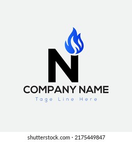 Blue Fire Logo On Letter N Template. Blue Fire On N Letter, Initial Fire Sign Concept