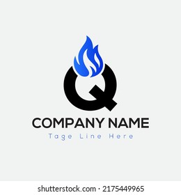 Logo De Blue Fire En La Plantilla De Letra Q. Letra azul de fuego en Q, concepto inicial de signo de fuego