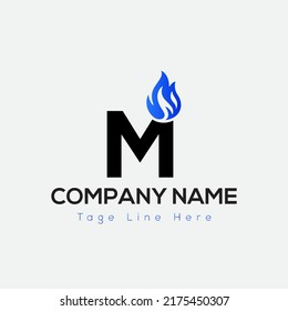 Blue Fire Logo On Letter M Template. Blue Fire On M Letter, Initial Fire Sign Concept