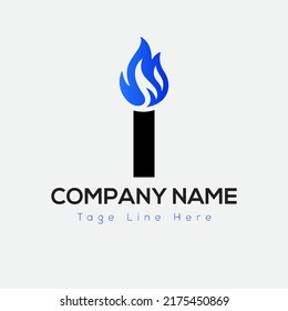 Blue Fire Logo On Letter I Template. Blue Fire On I Letter, Initial Fire Sign Concept