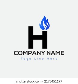 Blue Fire Logo On Letter H Template. Blue Fire On H Letter, Initial Fire Sign Concept