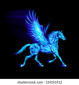 Blue fire Pegasus in motion on black background.