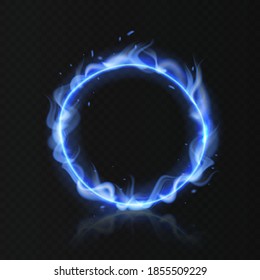 Blue fire ring. Realistic burning circle. Round fiery shape with hole on black background. Magical energy and ignite gas in burner. Firing hoop for circus trick vector isolated neon flame illustration