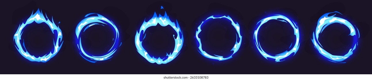Blue fire rings set - round burning gas circle frames, flaming neon loop borders. Blazing electric plasma halo with cold energy field. Magic portal with light effect. Fiery glowing ring shapes on dark