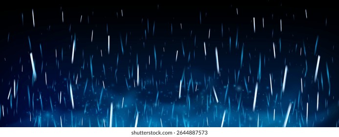 Blue fire and smoke with glowing embers and sparks on dark background. Abstract vector texture neon flame, ice sparkle and flying particles. Energy and power with fog, dust and glowing campfire flare.
