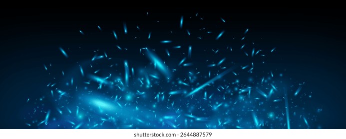 Blue fire smoke and light with icy sparkle and glowing flame. Abstract dark background with dust, fog and flying embers. Neon energy effect in realistic 3D vector style. Perfect for game or wallpaper.