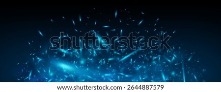 Blue fire smoke and light with icy sparkle and glowing flame. Abstract dark background with dust, fog and flying embers. Neon energy effect in realistic 3D vector style. Perfect for game or wallpaper.