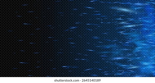 Blue fire sparkles in dark smoke with flying dust and glowing embers. Abstract vector background with neon flare, icy glow and heat effect. Panoramic illustration evokes magic and welding power.