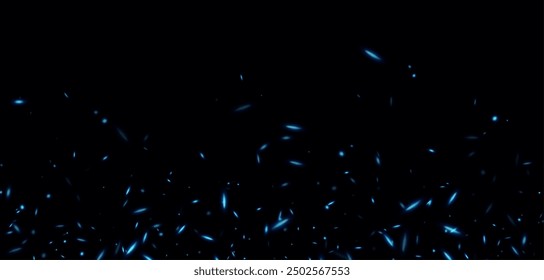 Blue fire sparks, abstract glowing embers, heat sparkles, flying flame cinder, bokeh fire texture. Vector illustration.