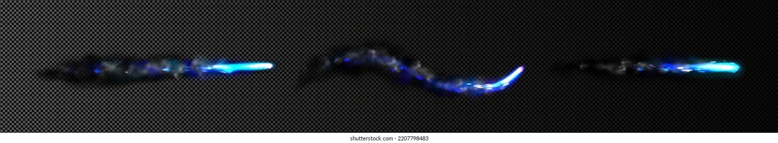 Blue fire trail of flying comet, rocket or missile isolated on transparent background. Magic speed motion effect, falling meteor flame with neon light and black smoke clouds