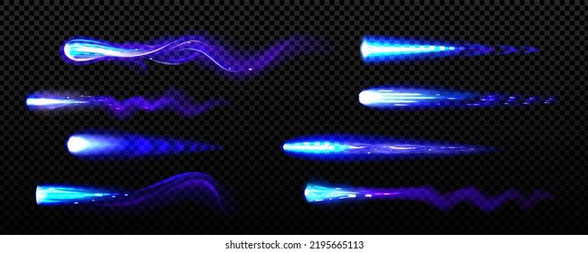 Rutas de fuego azules de aviones o cohetes voladores. Conjunto vectorial realista de diferentes efectos de llama de jetpack con resplandor de neón y chispas aisladas en fondo transparente