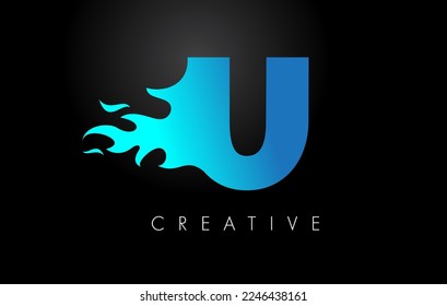 Blue fire  Blue U Letter Flame Logo Design. Fire Logo Lettering Concept Vector.