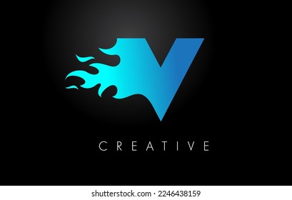 Blue fire  Blue V Letter Flame Logo Design. Fire Logo Lettering Concept Vector.