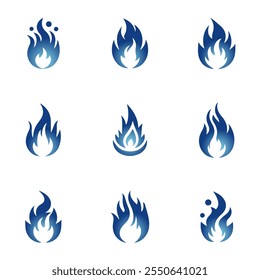 Blue fire vector icon set with various variations