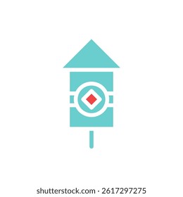 A blue firecracker illustration with a red diamond symbol. Great for use as a festive graphic or icon.