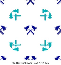 Blue Firefighter axe icon isolated seamless pattern on white background. Fire axe.  Vector