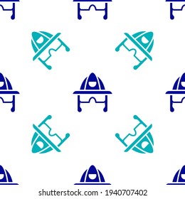 Blue Firefighter helmet or fireman hat icon isolated seamless pattern on white background.  Vector