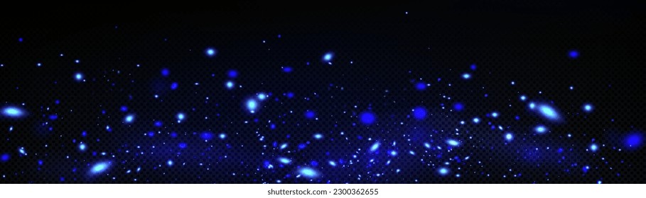 Las luciérnagas azules brillan sobre un fondo transparente oscuro. Ilustración vectorial realista de luces de neón abstractas brillantes, textura mágica de partículas de polvo, estrellas misteriosas brillando en la galaxia espacial