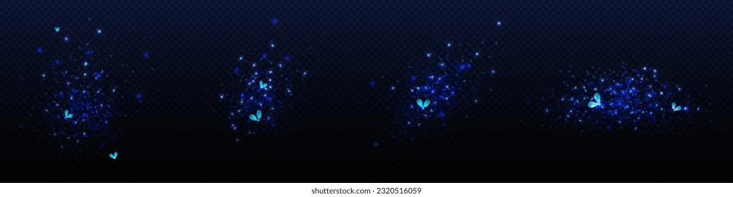 Blaues firefly-Licht bei Nacht, Vektoreffekt auf transparentem Hintergrund. Zauberbug leuchtet mit funkelnden und Punktglittern. Sommerinsektendesign schwimmende Burstgrafik. Firebug-Overlay-Textur